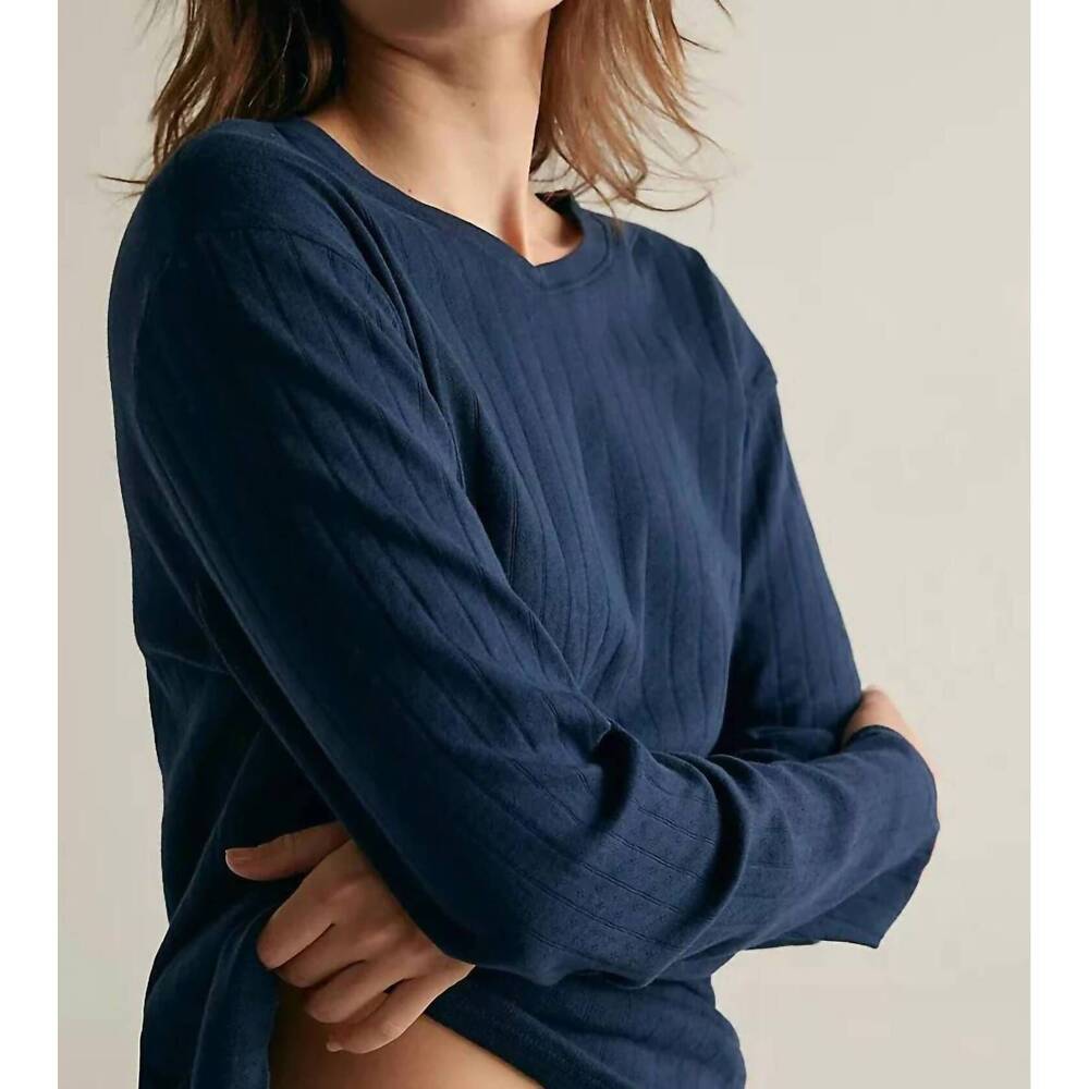 NEW DONNI. pointelle v-neck long sleeve top in navy